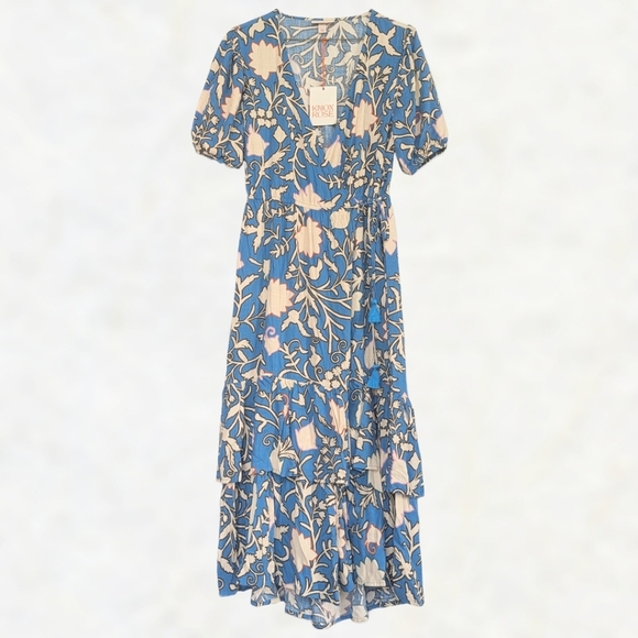 Knox Rose Midi Floral Wrap Dress Short Sleeves Tiered Ruffle Teal Cream sz Small - Picture 3 of 11